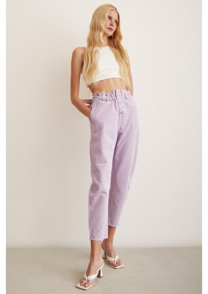 Beli Lastikli Düğme Kapalı Boyfriend Jean