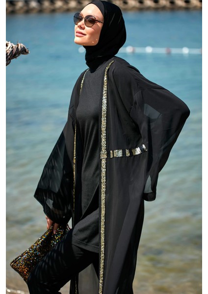 Payetli Siyah Kimono Kaftan P2346