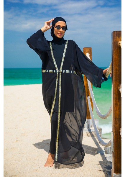 Payetli Siyah Kimono Kaftan P2346