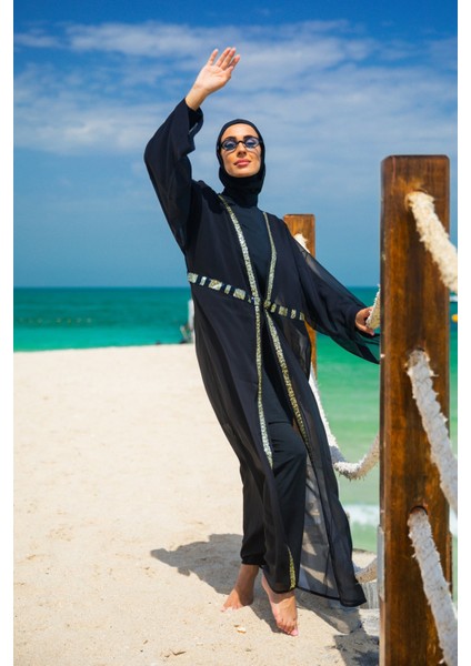 Payetli Siyah Kimono Kaftan P2346