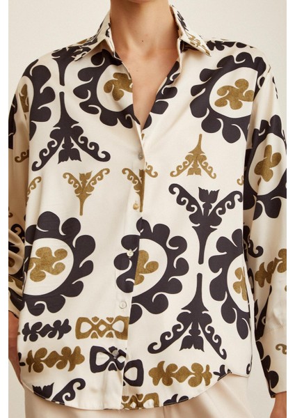 V Yaka Desenli Saten Gömlek modelleri