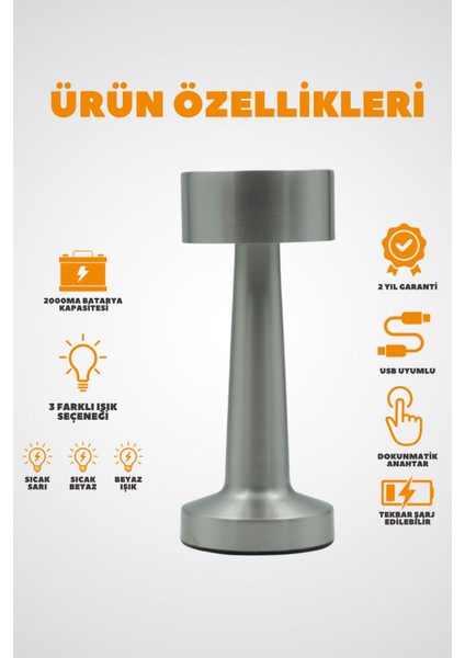 HL-007S Dekoratif Metal Gümüş Kablosuz Lambası Ledli 5V 3renk