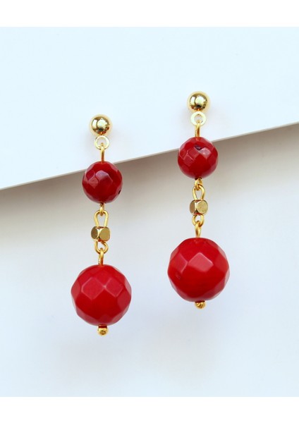 Mercan Doğal Taşlı Altın Kaplama Küpe