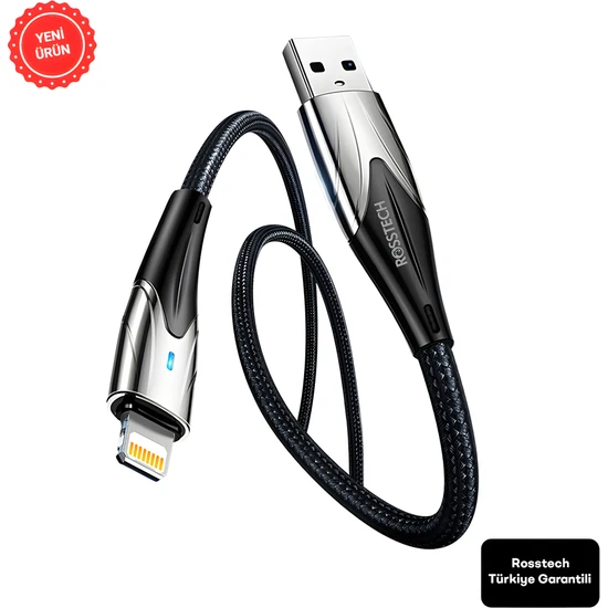 Rosstech Lightning To USB LED Hızlı Şarj Kablosu iphone Uyumlu 1m (Rosstech Türkiye Garantili)