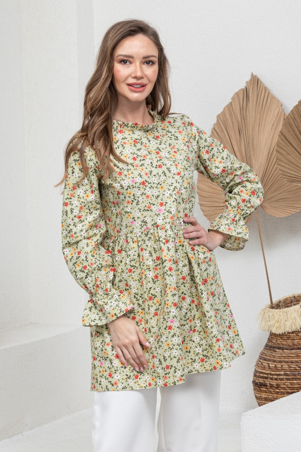 Küçüğüm Butik Yeşil Çiçekli Fırfır Yakalı Poplin Tunik