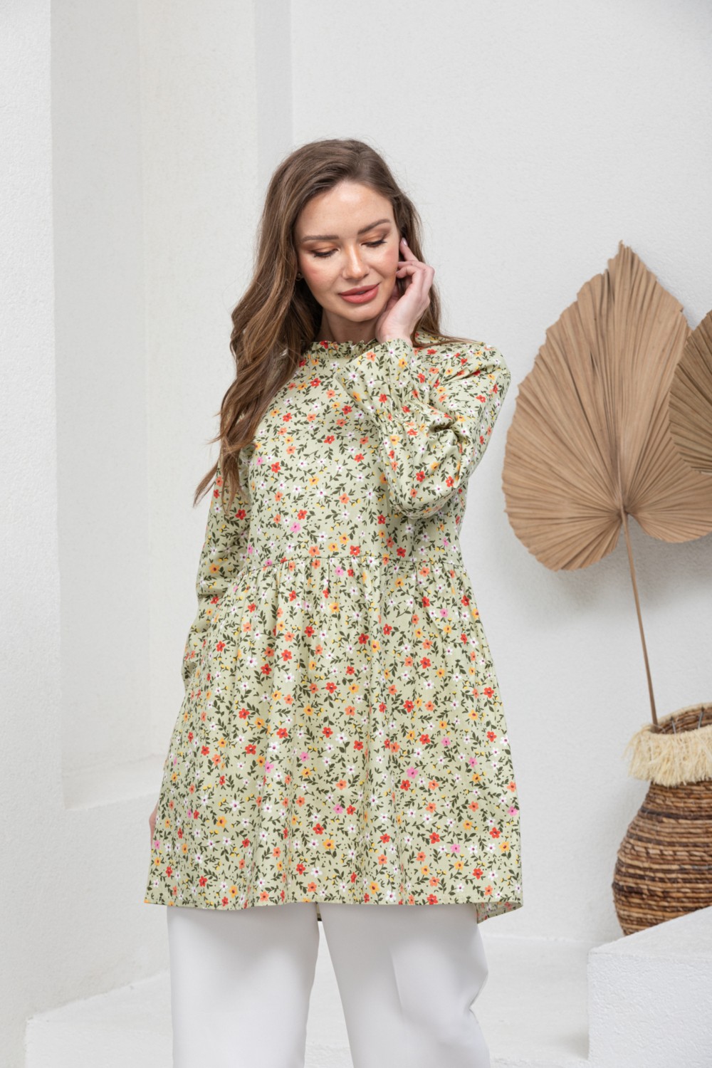 Küçüğüm Butik Yeşil Çiçekli Fırfır Yakalı Poplin Tunik görsel 2