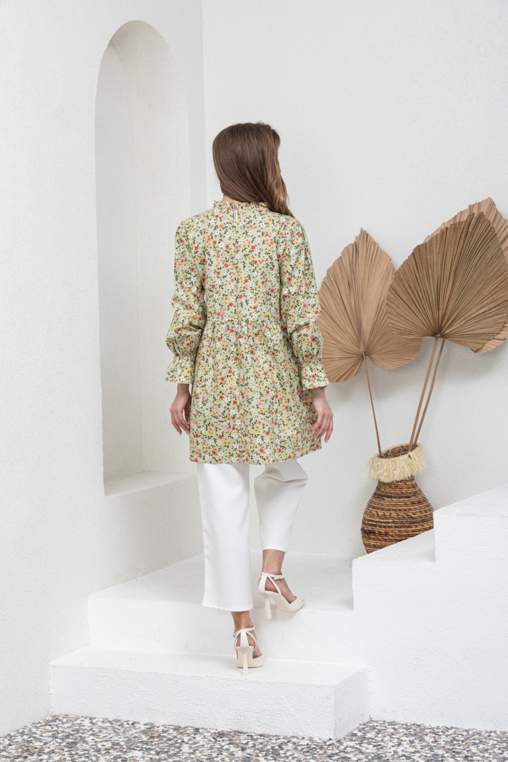 Küçüğüm Butik Yeşil Çiçekli Fırfır Yakalı Poplin Tunik görsel 3