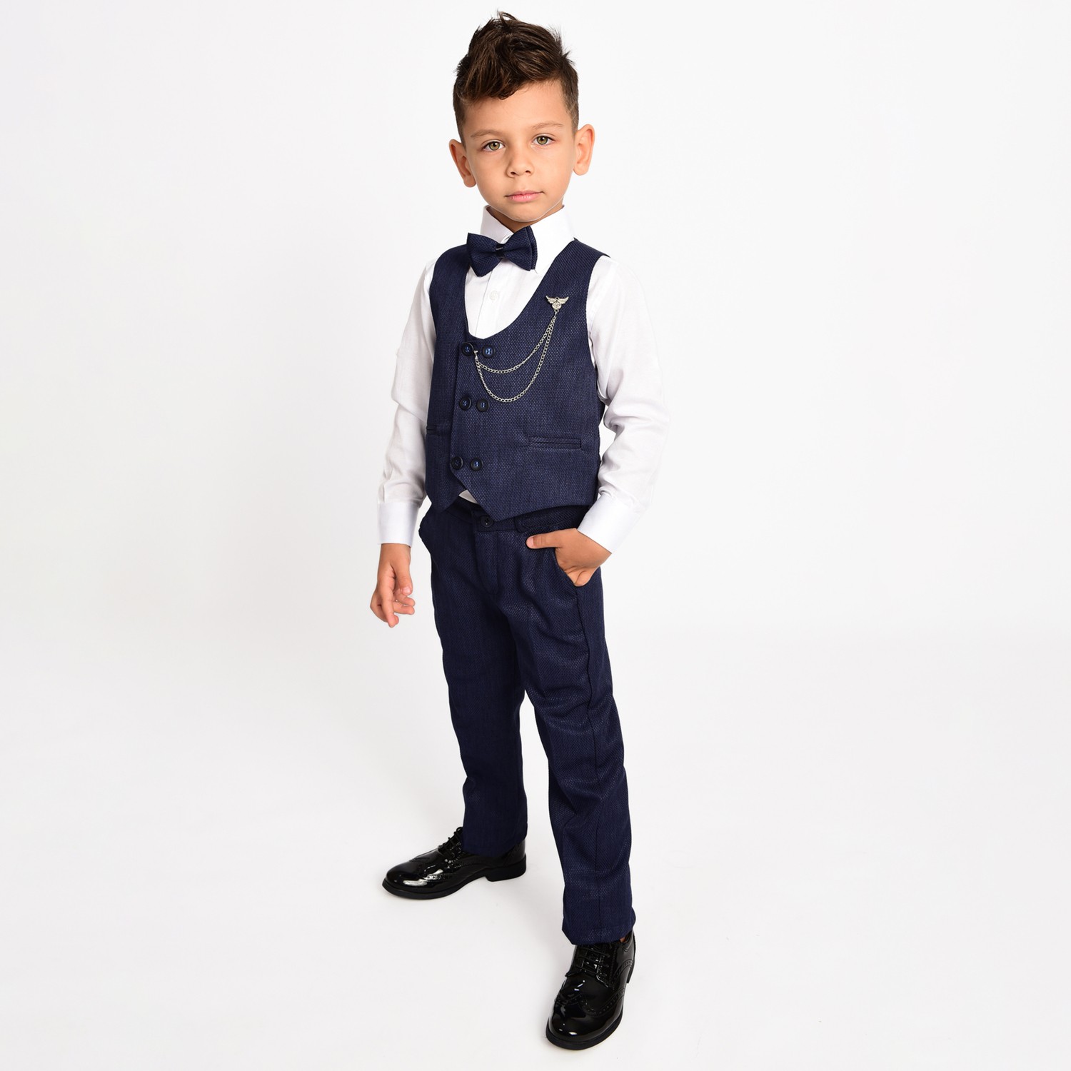 Merdia Kids Erkek Çocuk Smokin Takım Elbise 6 Düğmeli Yelekli Papyonlu Zincirli görsel 2