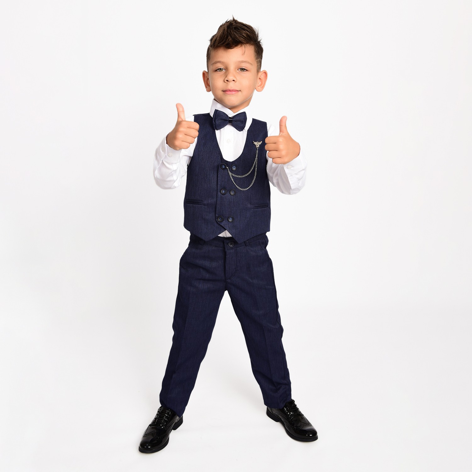Merdia Kids Erkek Çocuk Smokin Takım Elbise 6 Düğmeli Yelekli Papyonlu Zincirli görsel 3
