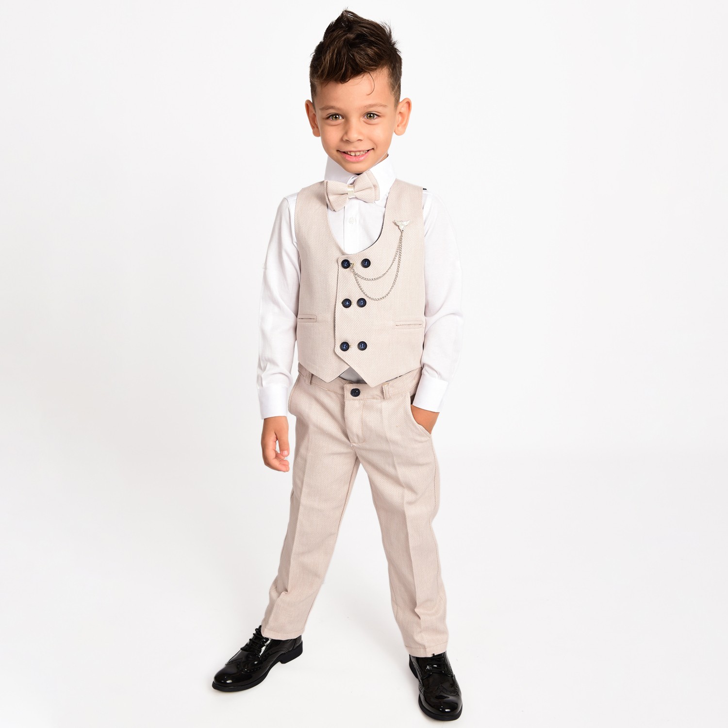 Merdia Kids Erkek Çocuk Smokin Takım Elbise 6 Düğmeli Yelekli Papyonlu Zincirli görsel 6