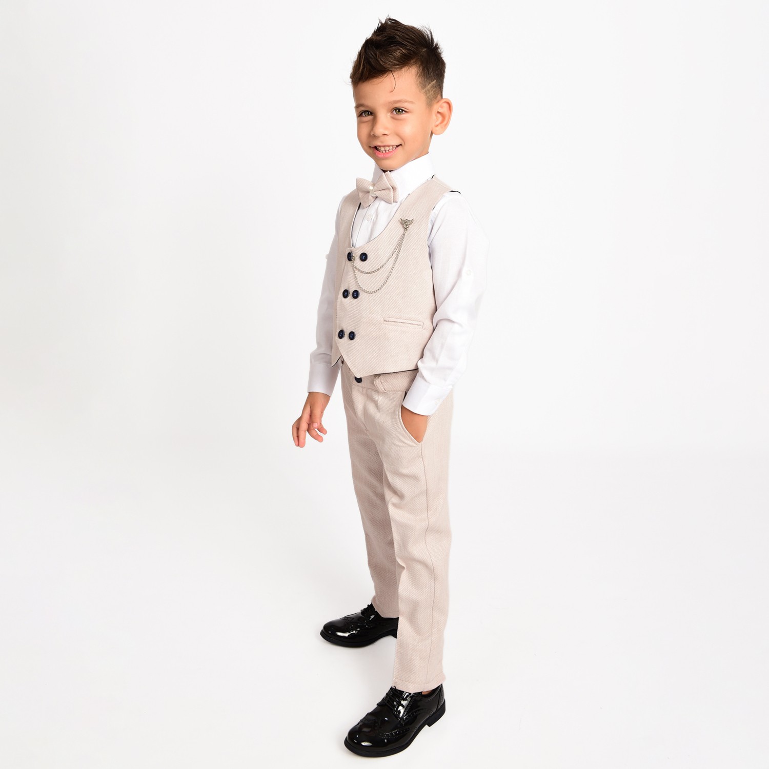 Merdia Kids Erkek Çocuk Smokin Takım Elbise 6 Düğmeli Yelekli Papyonlu Zincirli görsel 8