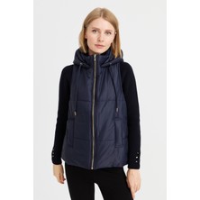 Desen Triko Kadın Kapüşonlu Kısa Kapitone Yelek Lacivert