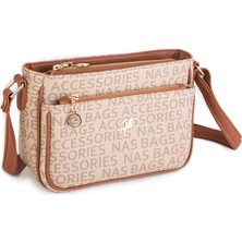 Nas Bag Kadın Çapraz Çanta Ayarlanabilir Askı Bölmeli Iç Dizayn Vizon Taba  Yazılı