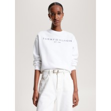 Tommy Hilfiger Bisiklet Yaka Baskılı Beyaz Kadın Sweatshırt WW0WW39791YCF002