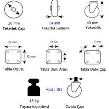 4 Adet Hts Sabit Tablalı Mobilya Tekeri Tekerlek Çap : 28 mm Kod : 101