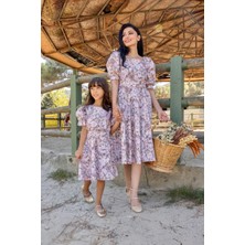 Küçüğüm Butik Kahverengi Pastel Çiçekli Kare Yaka Karpuz Kol Kloş Kombin (Tekli Satılmaktadır)