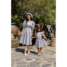 Küçüğüm Butik Mavi Pastel Çiçekli Kare Yaka Karpuz Kol Kloş Kombin (Tekli Satılmaktadır)