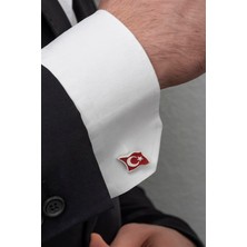 Yüzük Sanatı Ayyıldız Türk Bayrağı Mineli Gümüş Kol Düğmesi