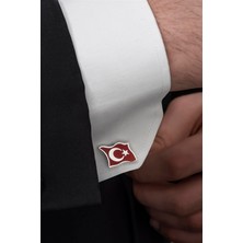 Yüzük Sanatı Ayyıldız Türk Bayrağı Mineli Gümüş Kol Düğmesi