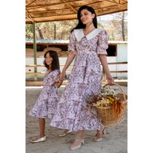 Küçüğüm Butik Yakalı Kahverengi Pastel Çiçekli Balon Kol Kloş Anne Kız Kombini (Tekli Satılmaktadır)