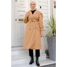 Hafsa Mina Kolu Pileli Trençkot Camel HM2260