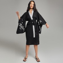 Designer Nagoya Kolları Çiçek Desenli Siyah Vual Kadın Kimono