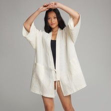 Designer Miyoshi Beyaz Keten Casual Kadın Kimono