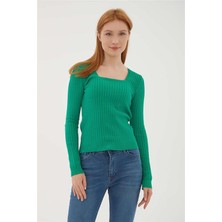 Fashion Friends Kadın Kare Yaka Saç Örgülü Kazak 23K0405K1 Yeşil