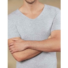 Hmd Gri Melanj 3lü Paket Erkek Derin V Yaka Kısa Kollu Lycralı Gri Melanj T-Shirt EDY712-713