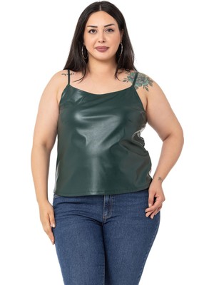 Disentis Modest Büyük Beden Ayarlanabilir Ince Askılı Sırtı Lastikli Deri Haki Bluz