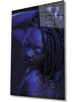 Miray Life Siyah Arka Planda Afro Saçlı Siyahi Sarı Nokta Işıklı Kadın Cam Tablo