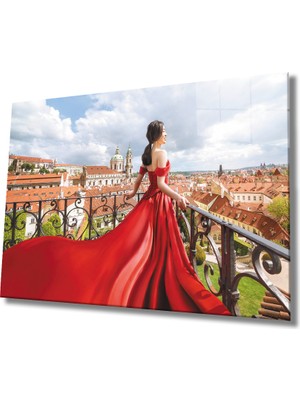 Miray Life Kadınlar Kırmızı Elbise Cam Tablo Women Red Dress