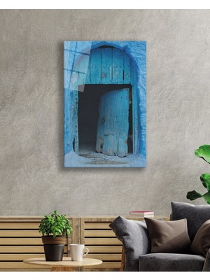 Miray Life Mavi   Ahşap Eski Kapı Görselli Cam Tablo