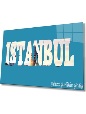Miray Life Istanbul Yazılı Mavi Beyaz Cam Tablo