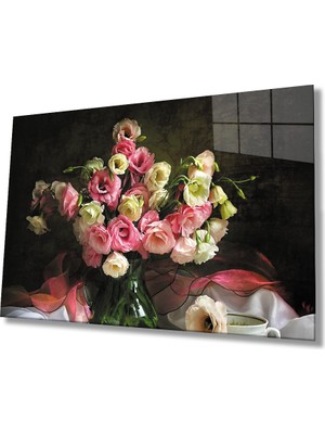 Miray Life Pembe Beyaz Güller Natürmort Cam Tablo