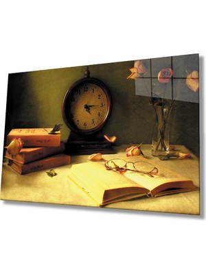 Miray Life Saat Kitap Çiçek Natürmort Cam Tablo