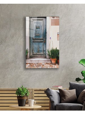 Miray Life Mavi  Eski  Ahşap Kapı Görselli Dikey Cam Tablo