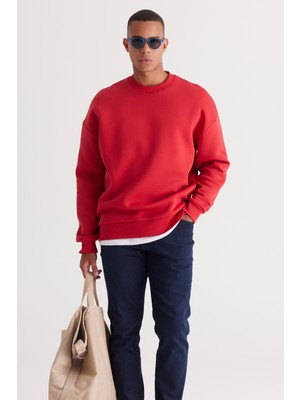 Altınyıldız Classics Erkek Kırmızı Oversize Fit Bol Kesim Pamuklu Içi Polarlı 3 Iplik Bisiklet Yaka Sweatshirt