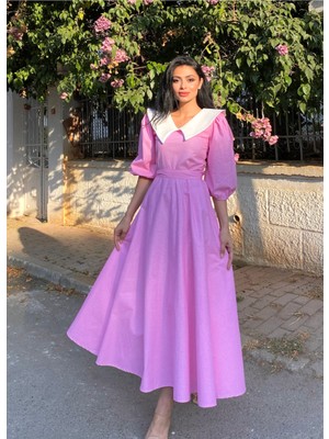 Küçüğüm Butik Yakalı Pembe Puantiyeli Balon Kol Kloş Elbise