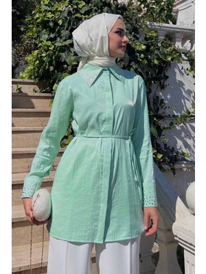 Hooop Store Parlak Taşlı Oversize Gömlek - Mint Yeşili