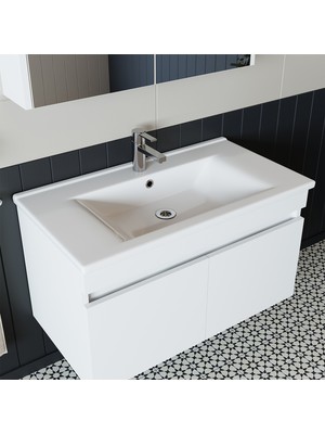 BanosRoomart 2 Kapaklı Lavabolu Beyaz Mdf 85 cm Banyo Dolabı + Aynalı Banyo Üst Dolabı