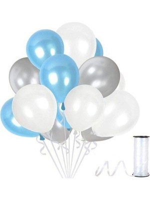 Kidspartim 50 Adet Metalik Beyaz Gümüş Mavi Balon 3 Renk
