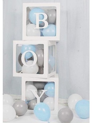 Kidspartim Şeffaf Kutu Boy Yazılı Harf Beyaz 20 Adet Mavi Beyaz Balon Hediyeli