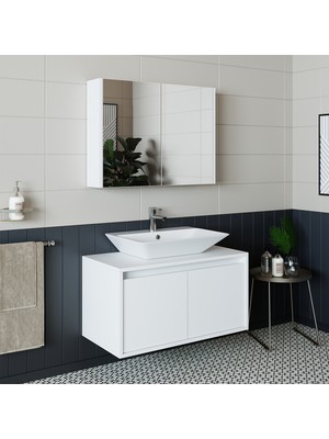 Banos Banyo Roomart Mat Beyaz Mdf 85 Cm Banyo Dolabı + Aynalı Banyo Üst Dolabı