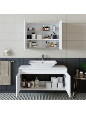 Banos Banyo Roomart Lavabolu Mat Beyaz Mdf 100 Cm Banyo Dolabı + Aynalı Banyo Üst Dolabı