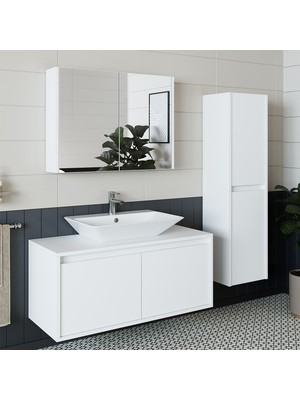 Banos Banyo Roomart Lavabolu Mat Beyaz Mdf 100 Cm Banyo Dolabı + Aynalı Banyo Üst Dolabı + Banyo Boy Dolabı