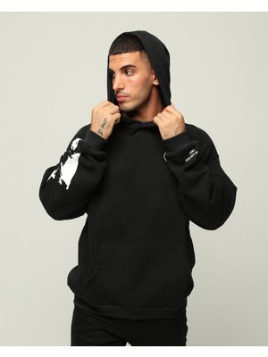 Owut Collection Siyah Erkek Oversize Kapüşonlu Yazı Baskılı Içi Yumuşak Tüylü Sweatshirt