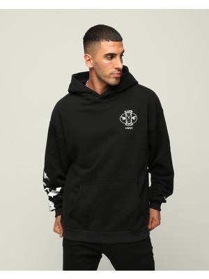 Owut Collection Siyah Erkek Oversize Kapüşonlu Yazı Baskılı Içi Yumuşak Tüylü Sweatshirt