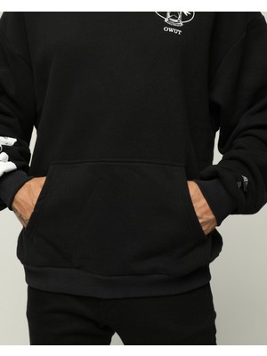 Owut Collection Siyah Erkek Oversize Kapüşonlu Yazı Baskılı Içi Yumuşak Tüylü Sweatshirt