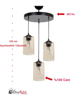 Etsylight Dora Black 3 Bal Köpüğü Camlı Salon Avize